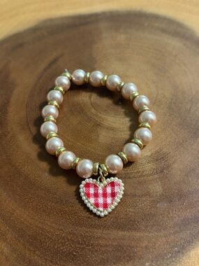 Homemade Rose Pink Pearl Beaded Bracelet with Red Gingham Heart Charm